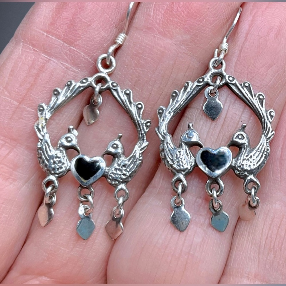 🌺 Vintage Sterling & Onyx Peacock Earrings